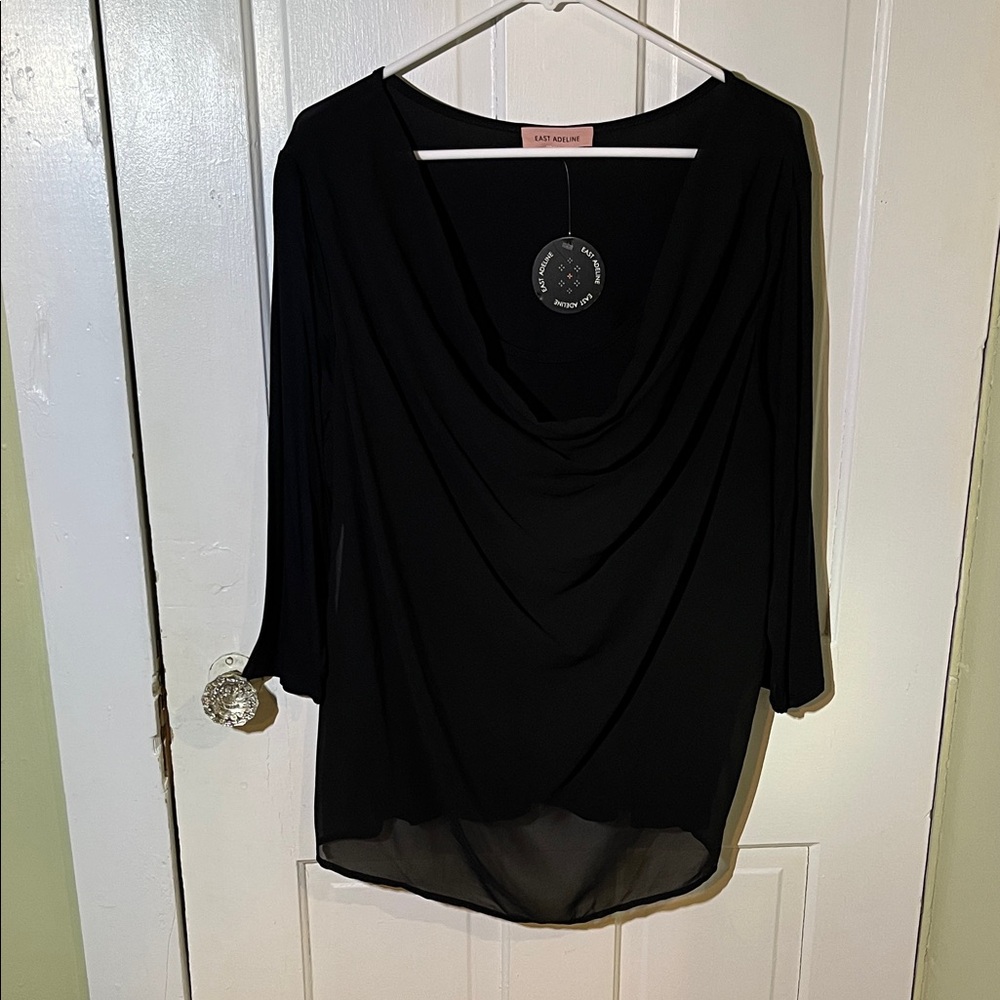 Chic Black Drape Neck Blouse